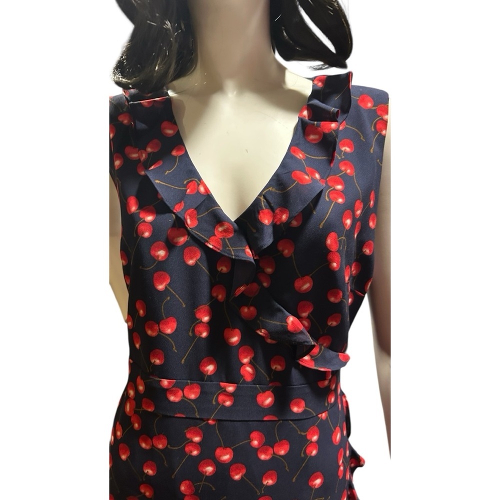 J.Crew Cherries Print Ruffle Wrap Dress Size 14 Black/Red Coquette Dark Romantic - Picture 3 of 8